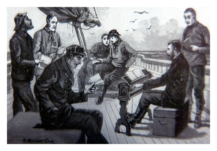 The Missions to Seamen Chaplin holding a service on deck in a Roadstead.