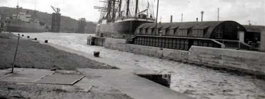 The swing bridge in its parked position at Penarth Dock in 1950. 