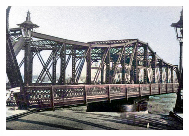 1890's - A colourised view of the new route to Butetown through Corporation Road and across the River Taff by a new swing bridge of 1889, the Clarence Road Bridge.