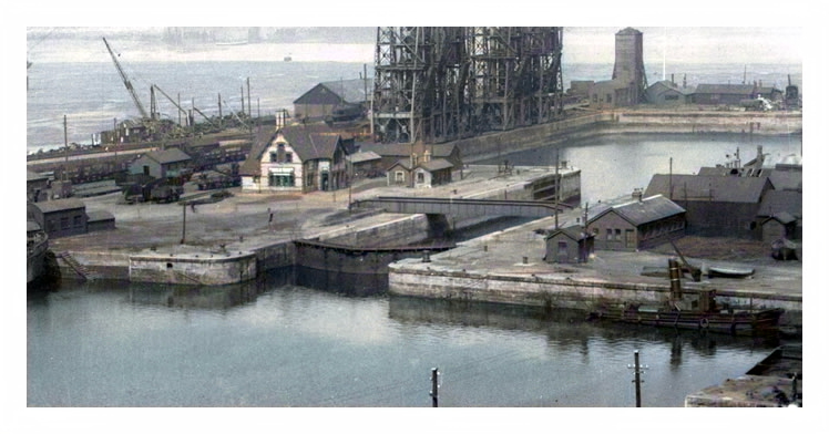1927 - Penarth Dock and Basin - The swing bridge is seen in the closed position and its proximity to the Missions to Seamen building is clear.