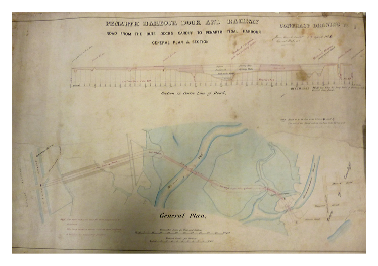 The 'General Plan and Section' of the 'Contract Drawing' entitled 'Penarth Harbour Dock and Railway Road from the Bute Docks Cardiff to Penarth Tidal Harbour'