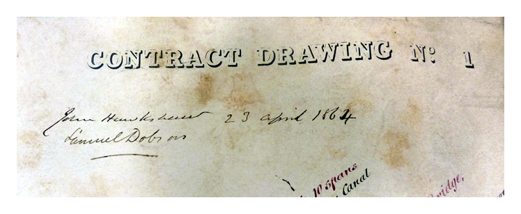 John Hawkshaw, Samuel Dobson and Charles de Bergue (contractor) and is dated 23rd April 1864