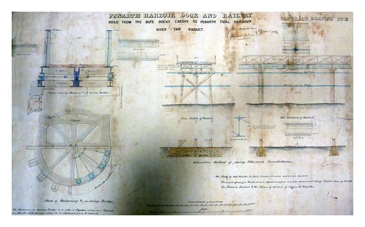 The 'General Plan and Section' of the 'Contract Drawing' entitled 'Penarth Harbour Dock and Railway Road from the Bute Docks Cardiff to Penarth Tidal Harbour' - River Taff Viaduct