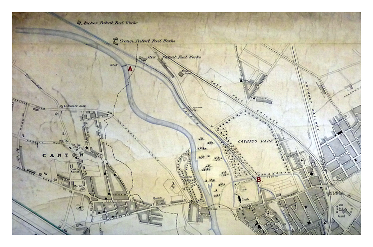 Item 'A' references 'Lord Bute's Weir on River Taff.' and 'B' is the 'Point where the Feeder for Bute Docks passes under canal & Turnpike Road.'