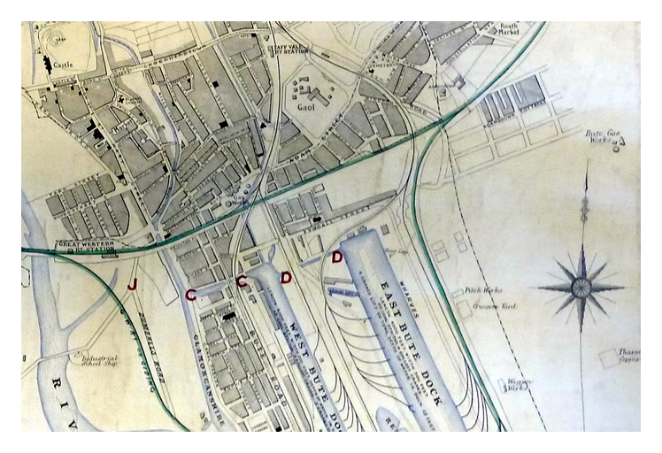 Item 'C-C' references the 'Cut or Junction between Canal and West Bute Dock.' whereas, 'D-D' is the 'Feeder or Cut for supplying water to East Bute Dock.'