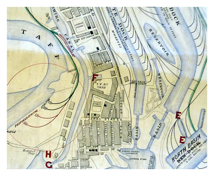 Item 'E-E' refers to the 'Cut between East Bute Dock and Roath Basin the only means by which water can now flow from East Bute Dock to Roath Basin and thence to proposed Dock.' Point 'F' is the 'Taff Vale Railway Company's little Dock.' 