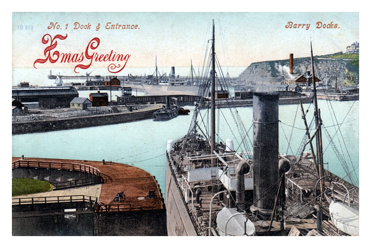 c.1906 - No. 1 Dock and Entrance, Barry Docks - Xmas Greetings.