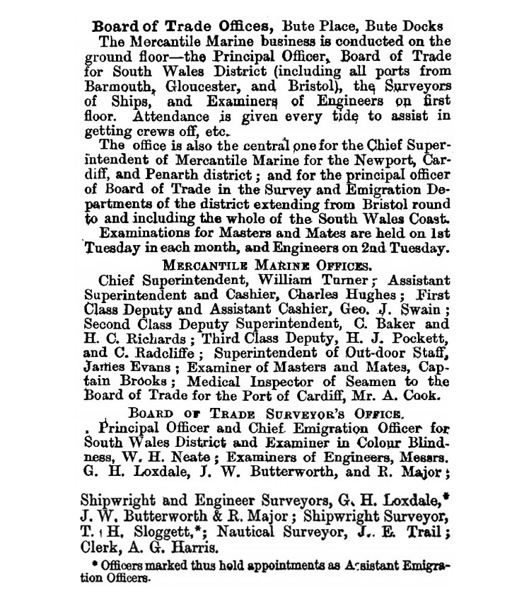 Daniel Owen & Co's. (Wright's) Cardiff Directory of 1887 provides a list of officers of the Board of Trade, Mercantile Marine Offices for the South Wales District at Bute Place, Bute Docks, Cardiff