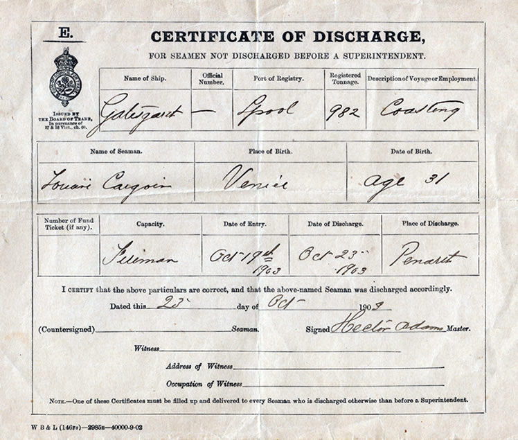 CERTIFICATE OF DISCHARGE - For Seamen not discharged before a Superintendent. 