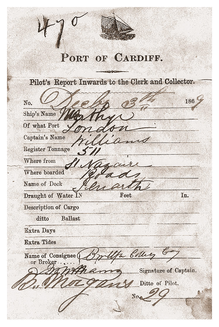 Port of Cardiff - Pilot's Report Inwards to the Clerk and Collector. 