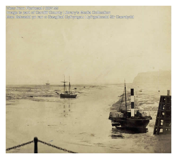 1864 - The view from the Pierhead Cardiff of the dredged channel through the mud and the Cefn y Wr&acirc;ch shoal.
