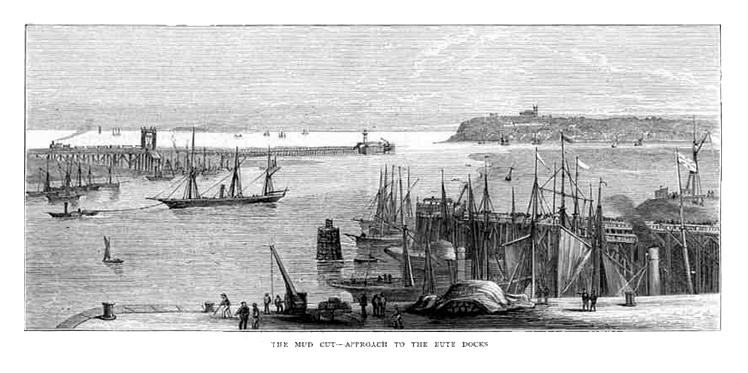 1872 - A lithographic view entitled 'The Mud Cut - Approach to the Bute Docks'.