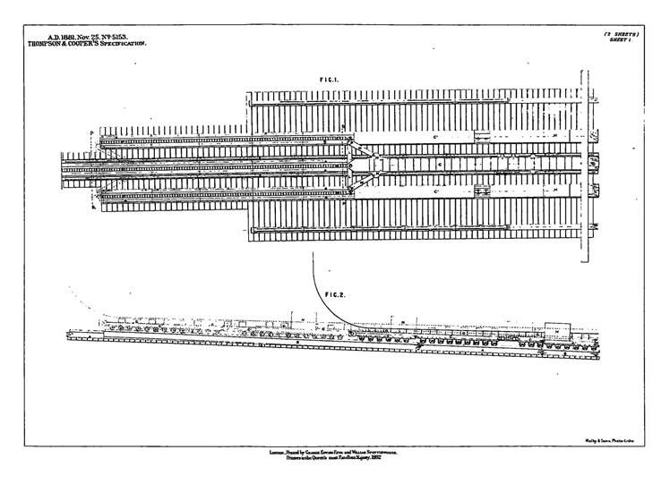Description of Drawings : Sheet 1 : Figures 1 and 2 : A.D. 1881. Nov. 25. No. 5153.&nbsp;Thompson & Cooper's Specification.