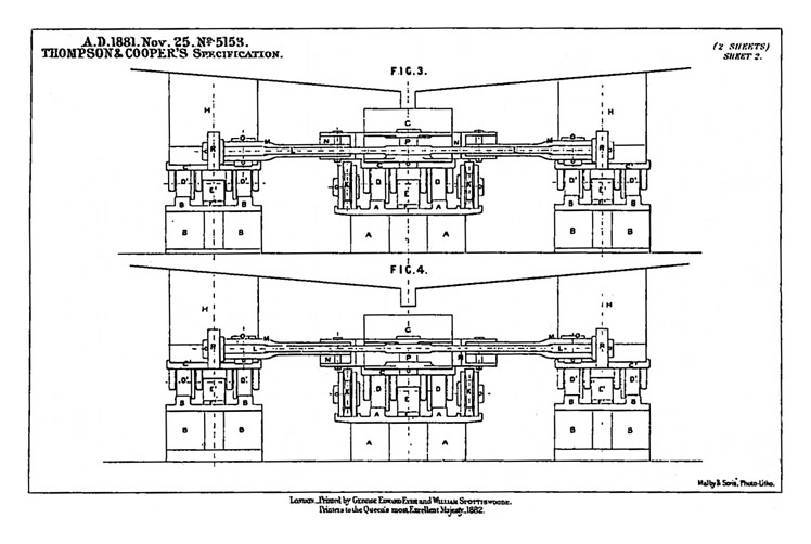 Description of Drawings : Sheet 2 : Figures 3 and 4 : A.D. 1881. Nov. 25. No. 5153.&nbsp;Thompson & Cooper's Specification.