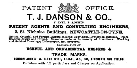 Patent Agents and Consulting Engineer at 3, St. Nicholas Buildings in Newcastle-on-Tyne owned by Thomas James Danson.