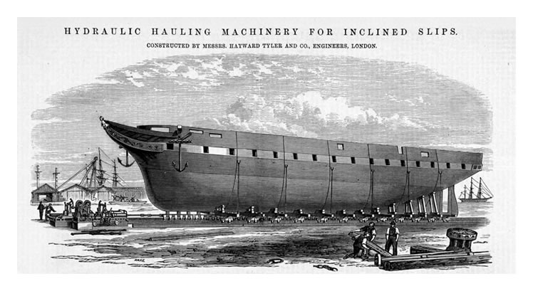 Hydraulic Hauling Machinery for Inclined Slips constructed by Messrs. Hayward, Tyler & Co., Engineers, London.