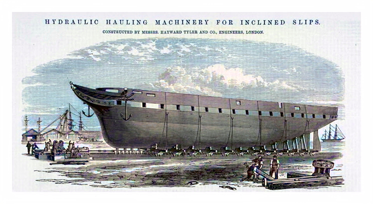 Hydraulic Hauling Machinery for Inclined Slips constructed by Messrs. Hayward, Tyler & Co., Engineers, London.