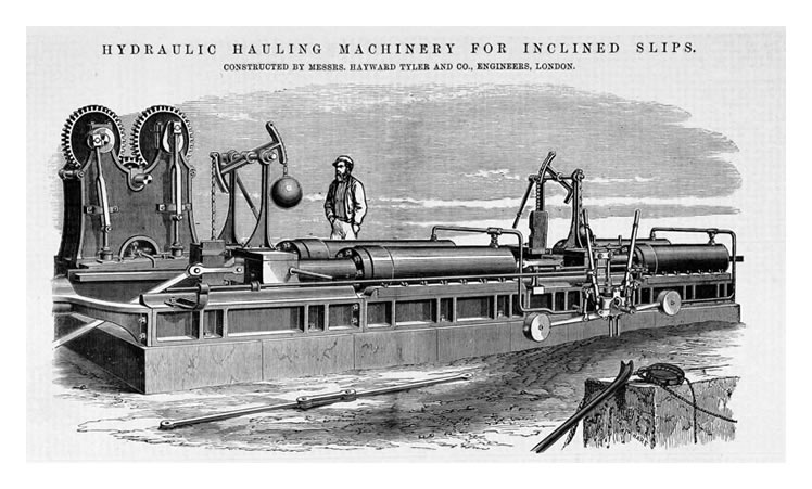 Hydraulic Hauling Machinery for Inclined Slips constructed by Messrs. Hayward, Tyler & Co., Engineers, London.