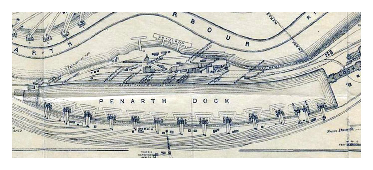 1895 - Taff Vale Railway - Penarth Dock and Harbour - a map from the book 'Cardiff : an Illustrated Handbook'. 
