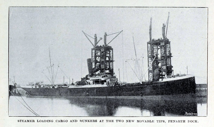 1906 - Steamer loading cargo and bunkers at the two new moveable tips, Penarth Dock.