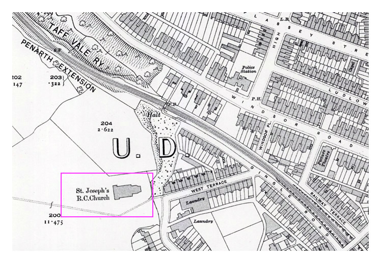 St. Joseph's Catholic Church & Presbytery, Penarth - A section of the OS map, revised 1915 and published 1920, indicates the location of the church (but without presbytery) in fields close by the Dingle Halt of the Penarth Extension Railway of the TVR.