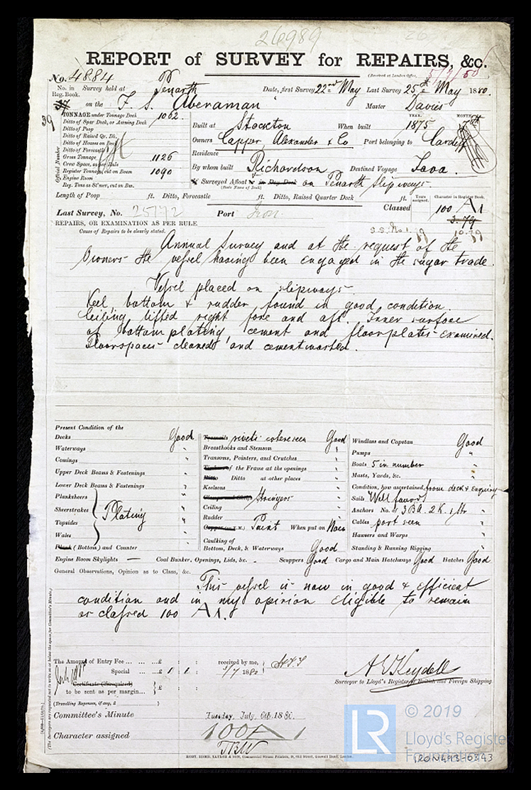 s.s. 'Aberaman' - Report of Survey for Repairs, &c. whilst upon Penarth Slipway 25th May 1880, the surveyor being Mr. A. E. Keydell. 