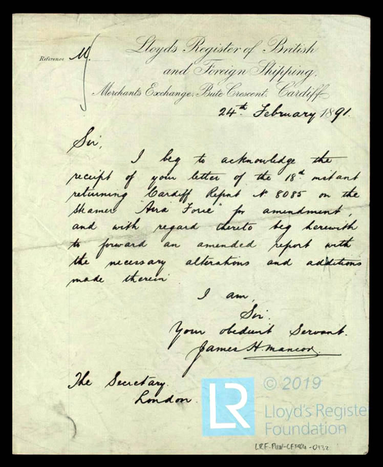 s.s. 'Aira Force' - Letter from James H Mancor to the Secretary of Lloyd's Register, regarding necessary alterations to a report on Aira Force, 24th February 1891.
