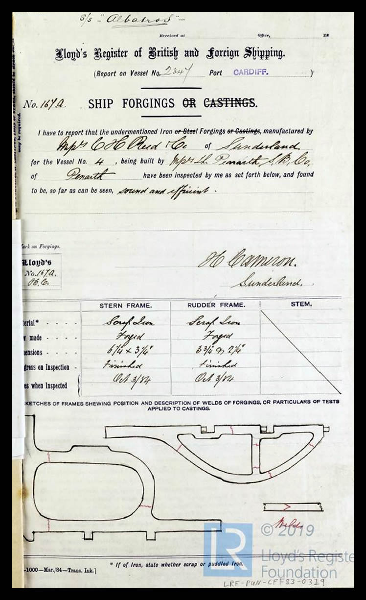 s.s. 'Albatros' - Report of Ship Forgings for Albatros - 3rd October 1884 -&nbsp;Screw Steamer No.4.