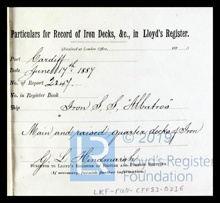 s.s. 'Albatros' - Particulars for Record of Iron Decks, &c. for Albatros - 17th June 1887 -&nbsp;Screw Steamer No.4.