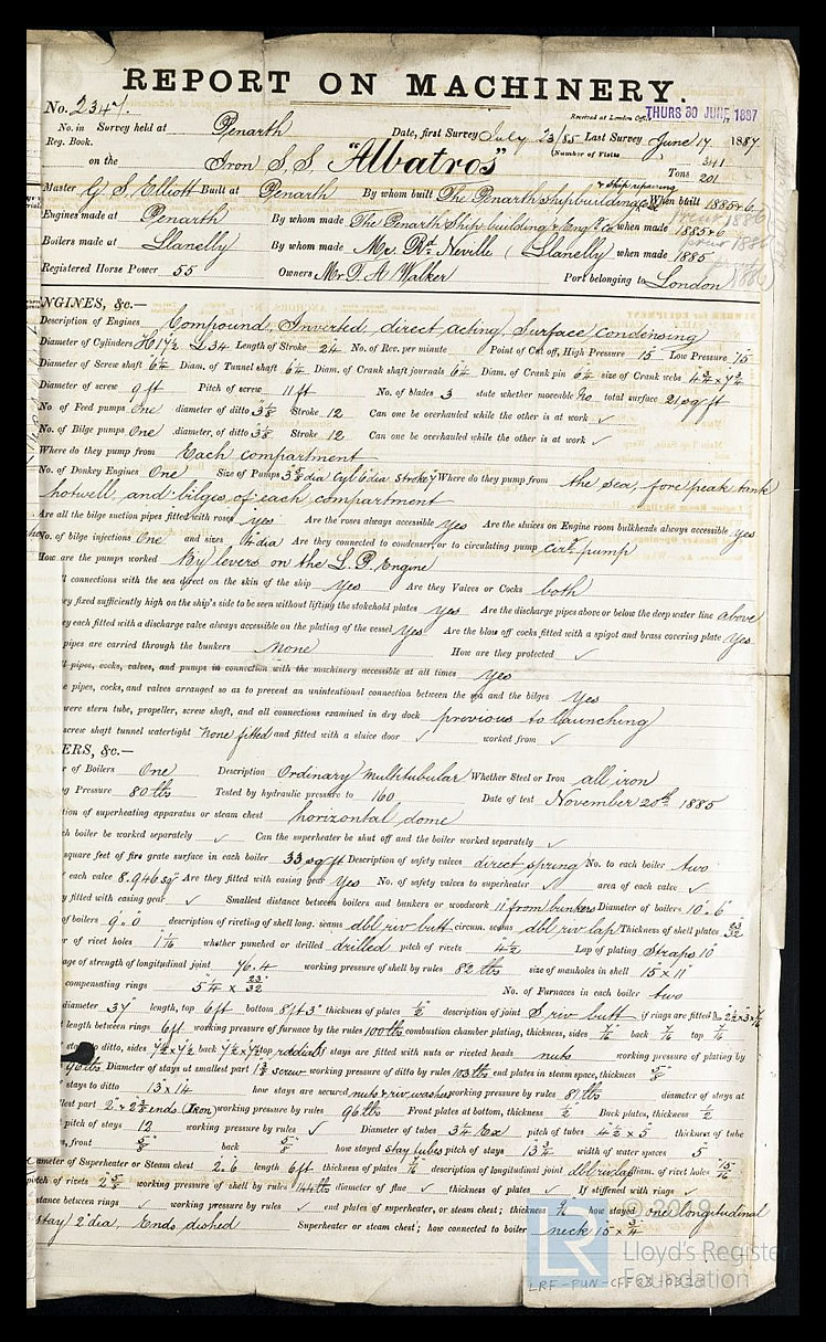 s.s. 'Albatros' - Report on Machinery for Albatros - 17th June 1887 - page 1.