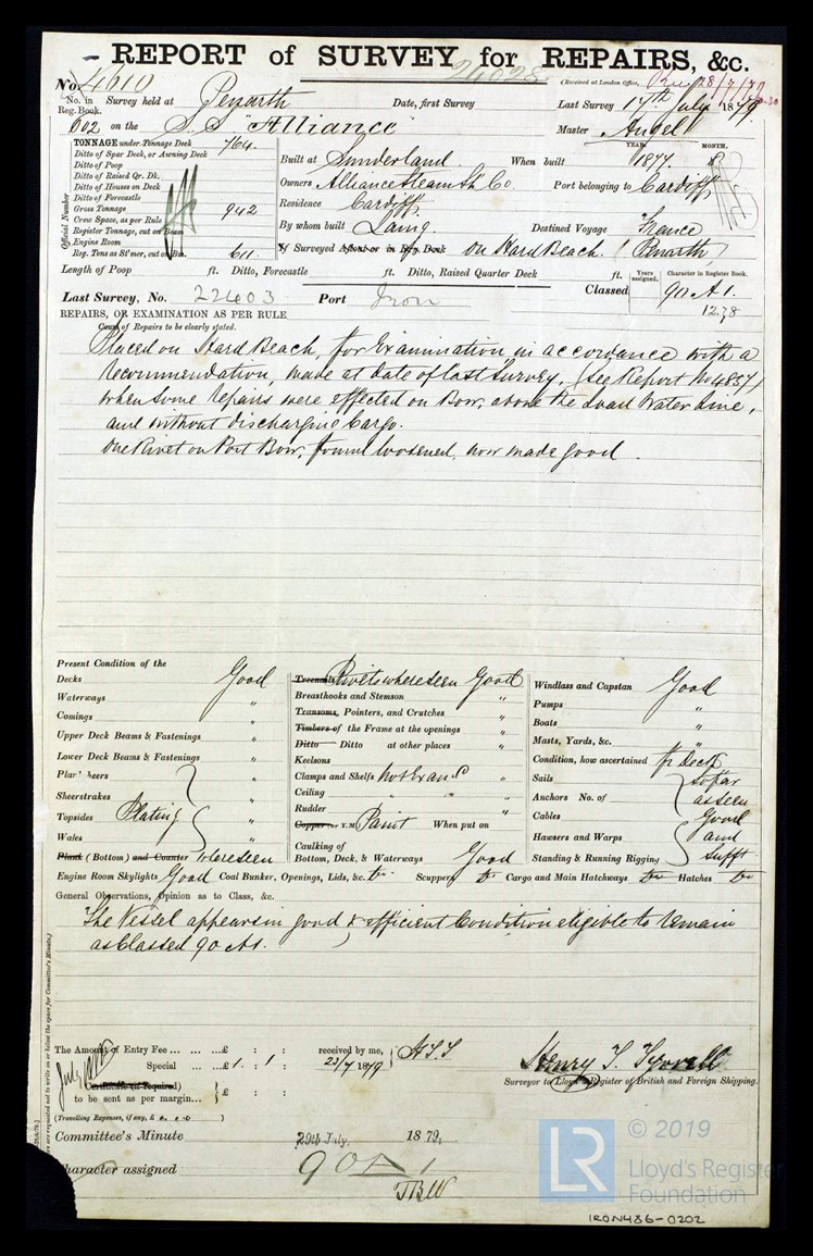s.s. 'Alliance' - Report of Survey for Repairs, &c for Alliance - 17th July 1879 - page 1.