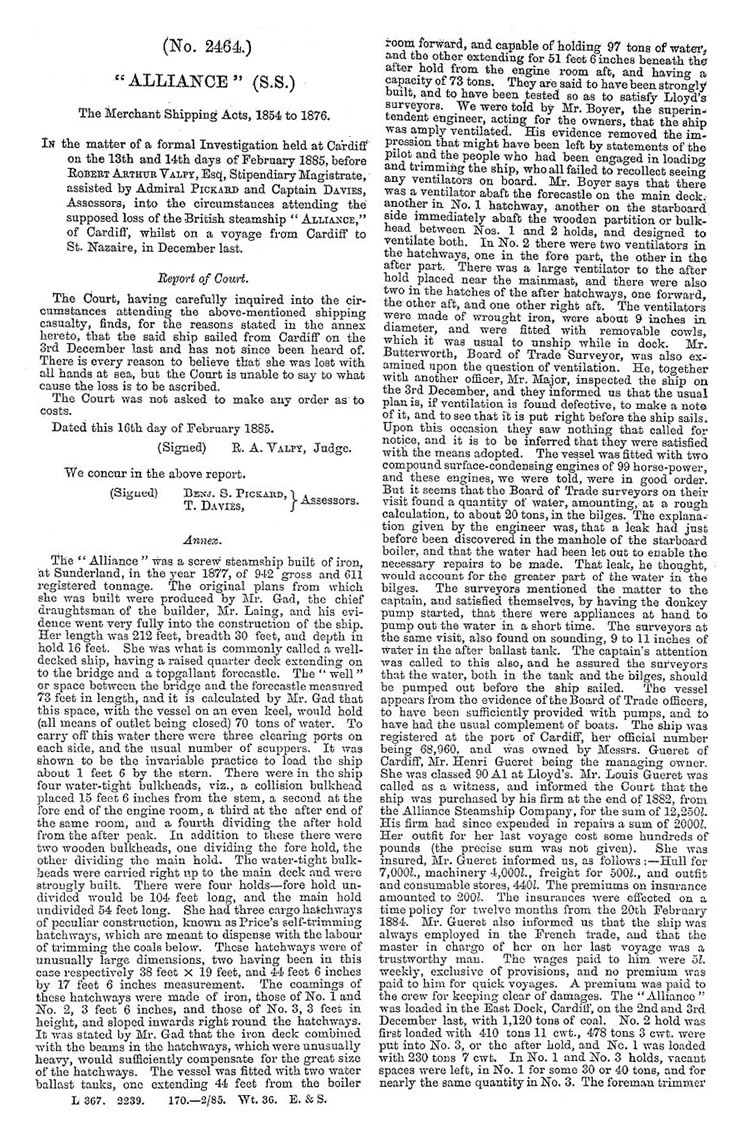 s.s. 'Alliance' - The Report of the formal enquiry into the loss of the vessel during December 1884 - page 1. 