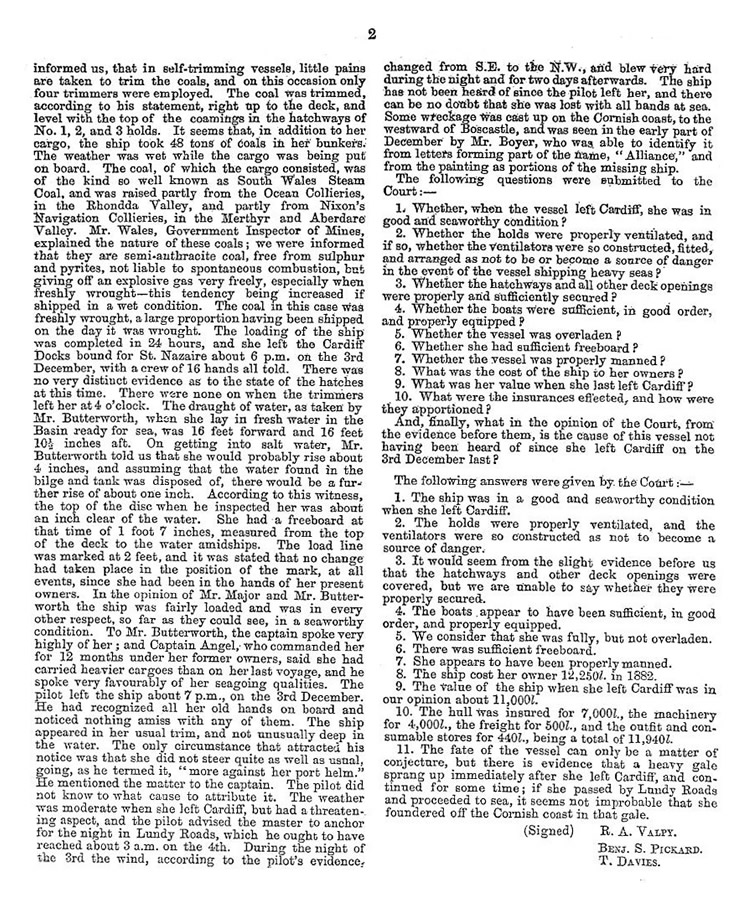 s.s. 'Alliance' - The Report of the formal enquiry into the loss of the vessel during December 1884 - page 2.