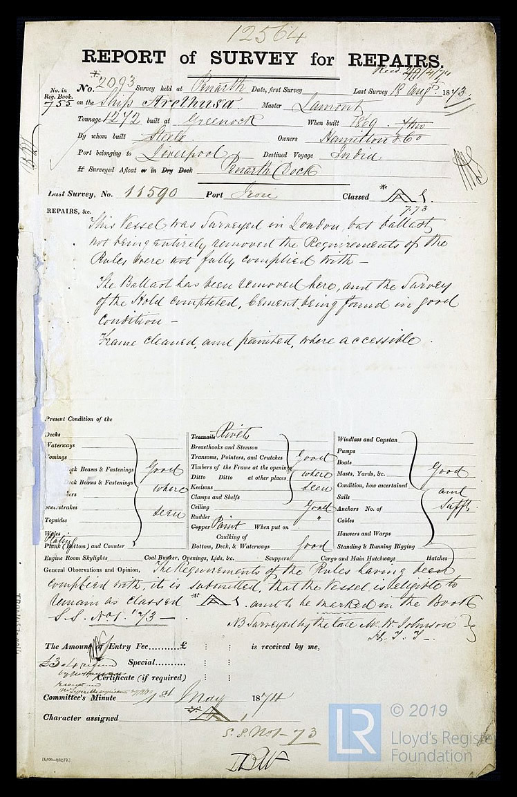 s.s. 'Arethusa' - Report of Survey for Repairs for Arethusa - 18th August 1873.
