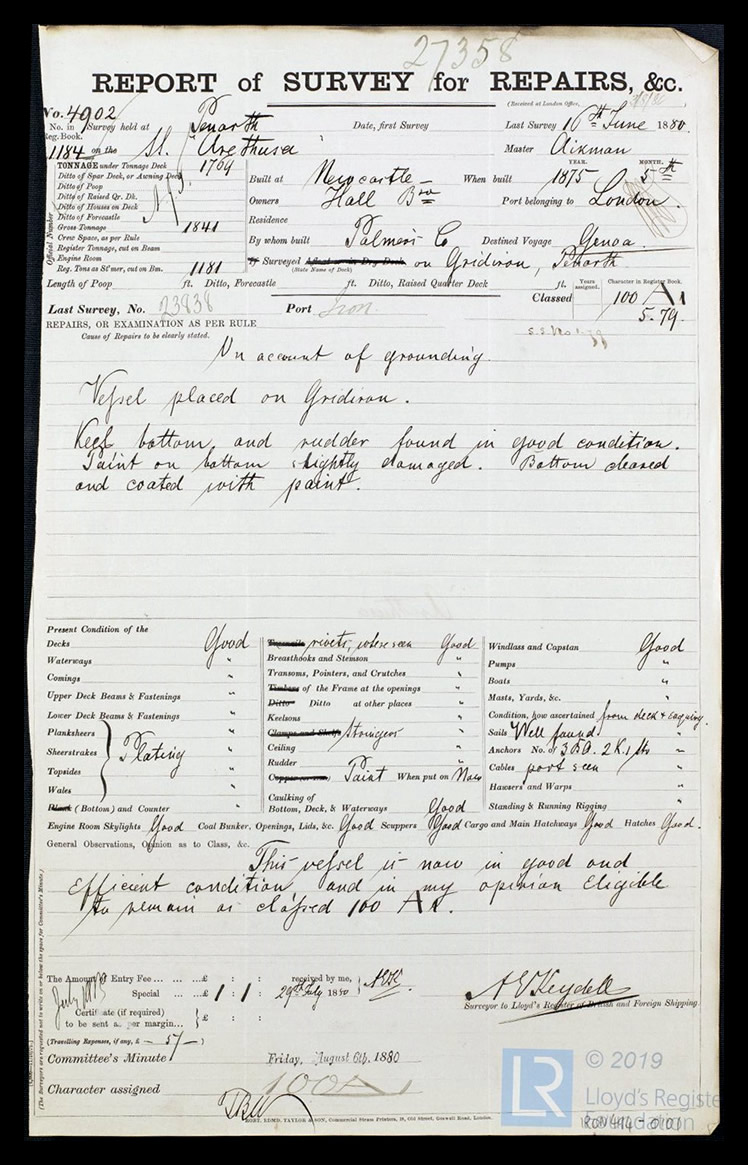 s.s. 'Arethusa' - Report of Survey for Repairs, &c for Arethusa - 16th June 1880.
