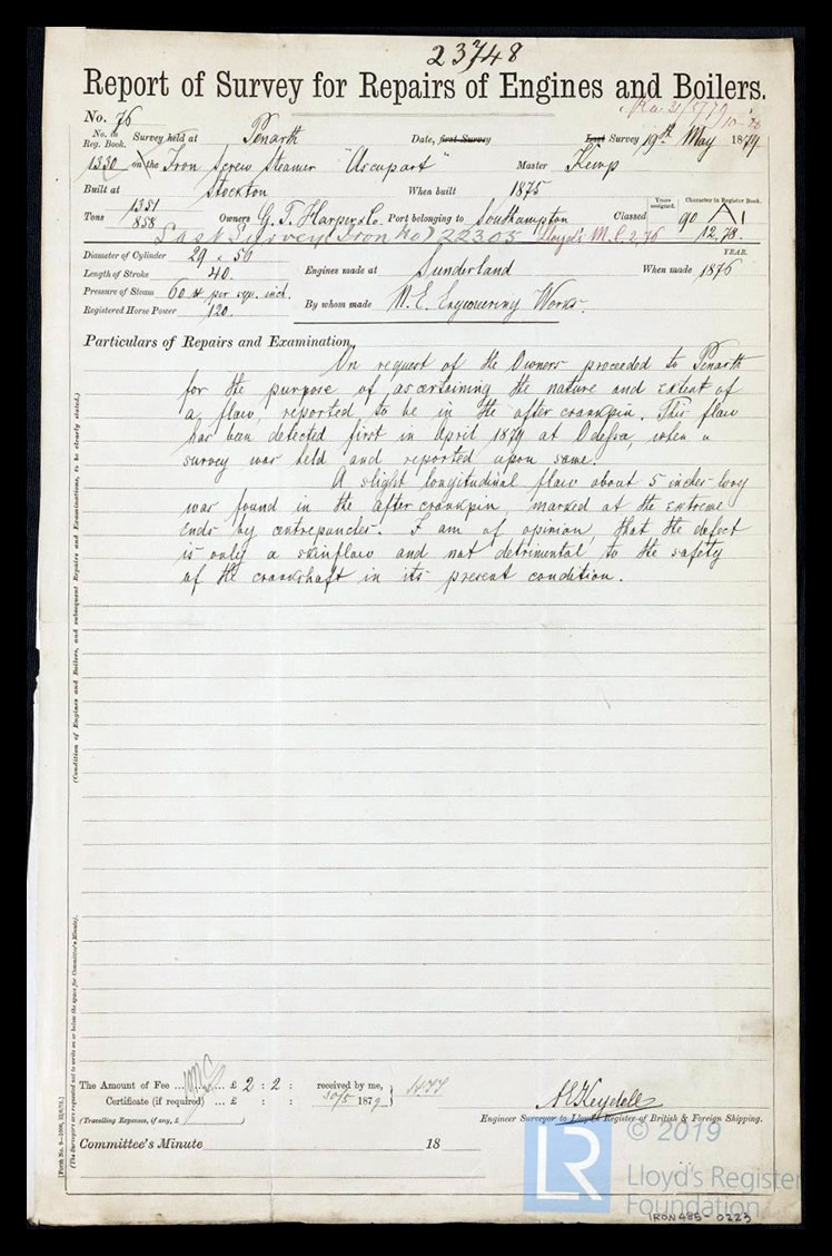 s.s. 'Ascupart' - Report of Survey for Repairs of Engines & Boilers for Ascupart - 19th May 1879.
