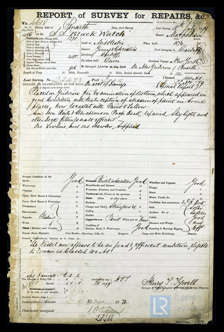 s.s. 'Black Watch' - Report of Survey for Repairs, &c. for Black Watch - 18th July 1879. 