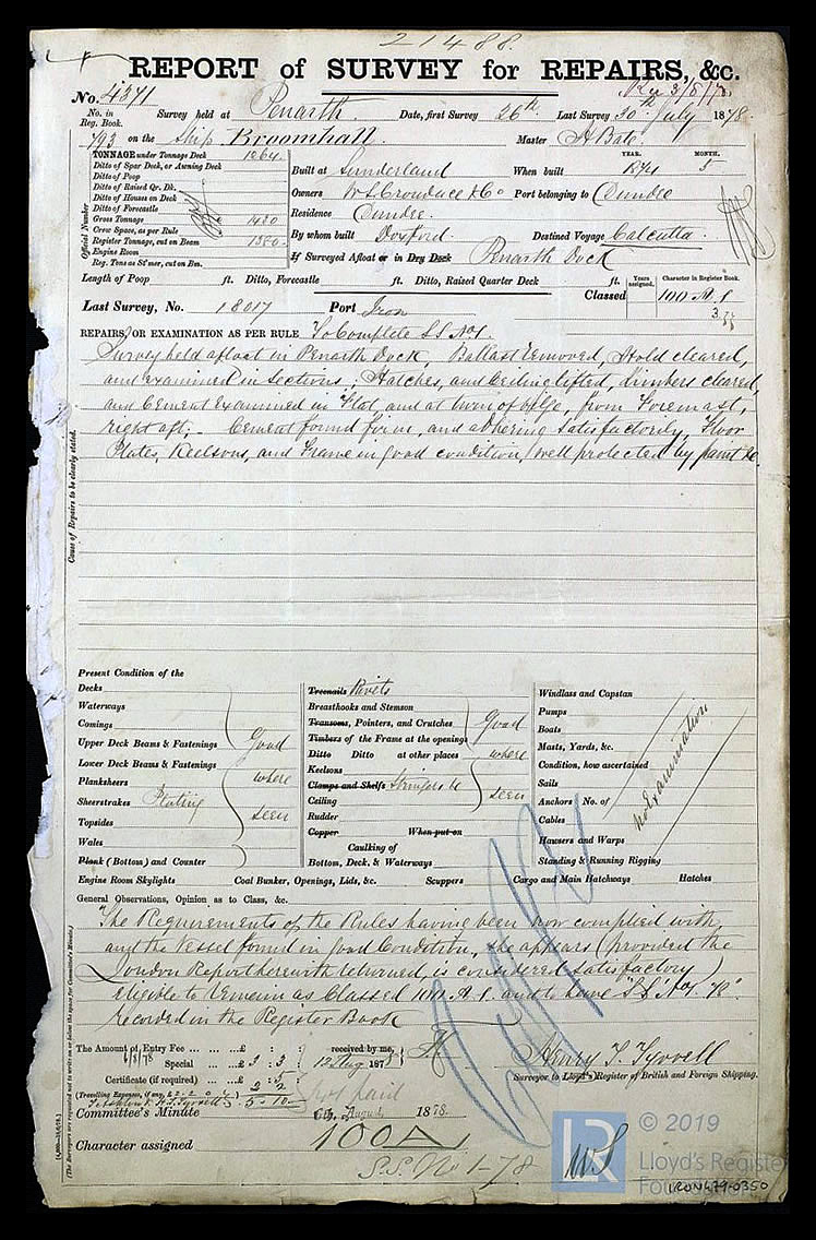 s.s. 'Broomhall' - Report of Survey for Repairs, &c. for Black Watch - 18th July 1879. 