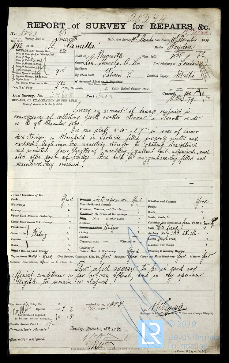 s.s. 'Camilla' - Report of Survey for Repairs, &c. for Camilla - 11th November 1880. 
