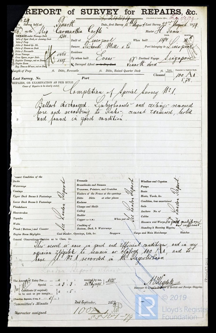 s.s. 'Carmarthen Castle' - Report of Survey for Repairs, &c. for Carmarthen Castle - 22nd August 1879. 