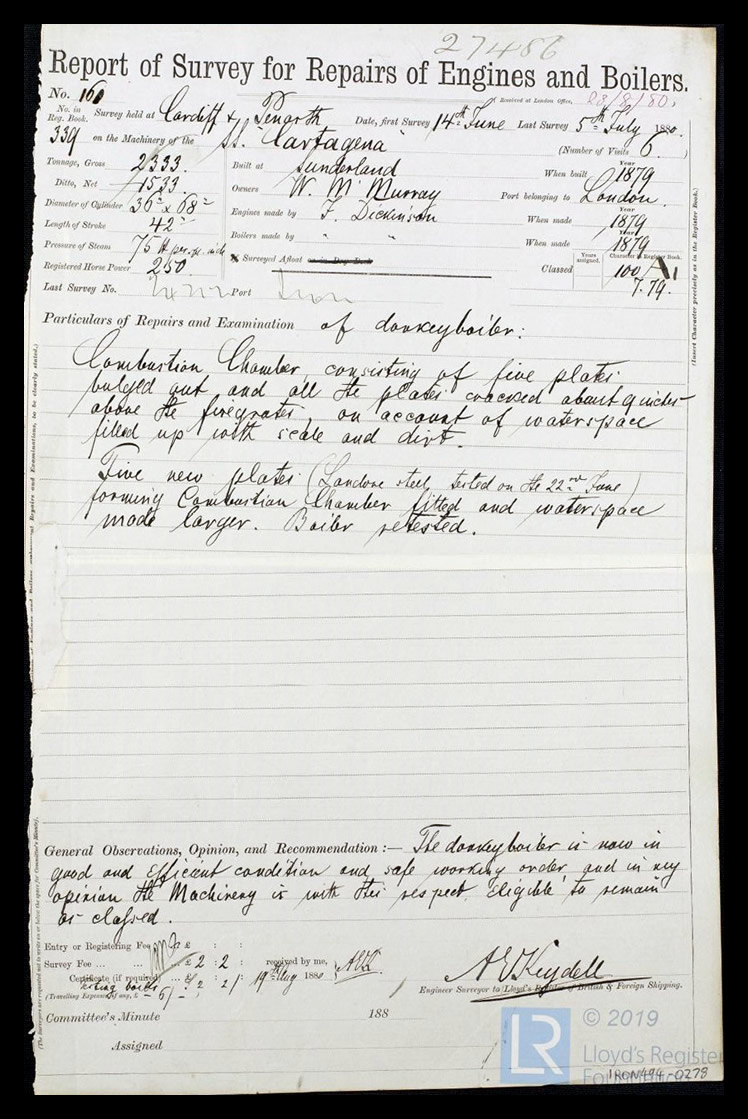s.s. 'Cartagena' - Report of Survey for Repairs of Engines & Boilers for Cartagena - 5th July 1880. 