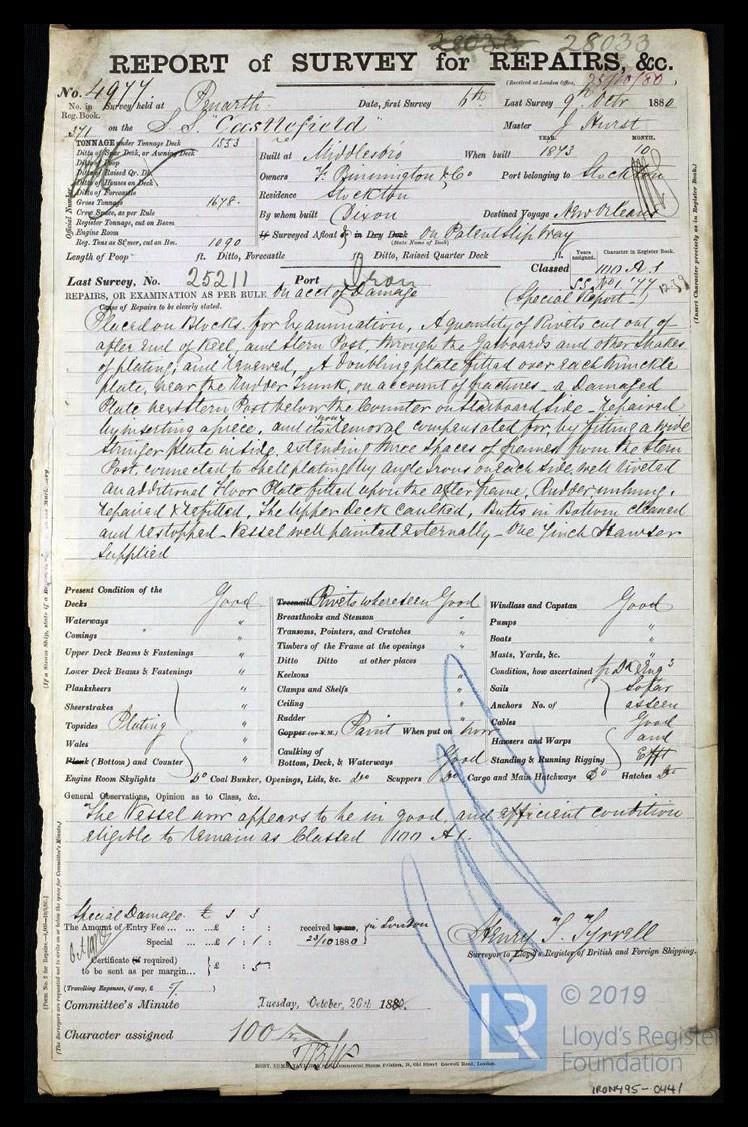 s.s. 'Castlefield' - Report of Survey for Repairs, &c. for Castlefield - 9th October 1880.