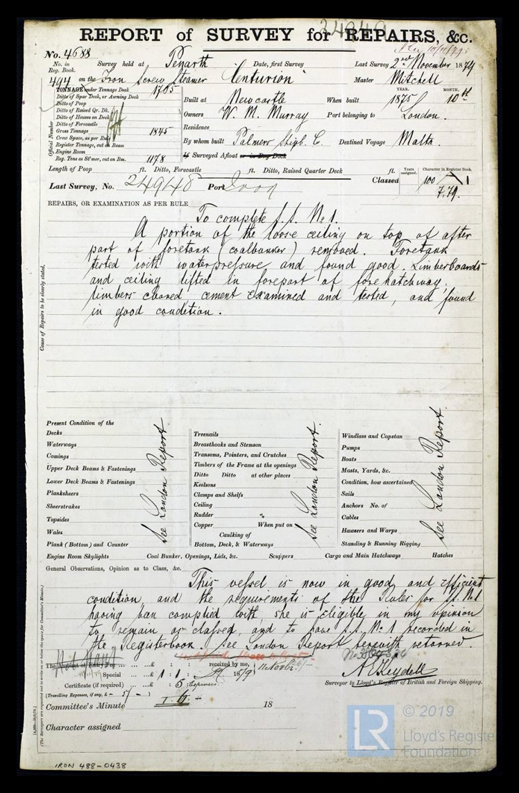 s.s. 'Centurion' - Report of Survey for Repairs, &c. for Centurion - 2nd November 1879. 