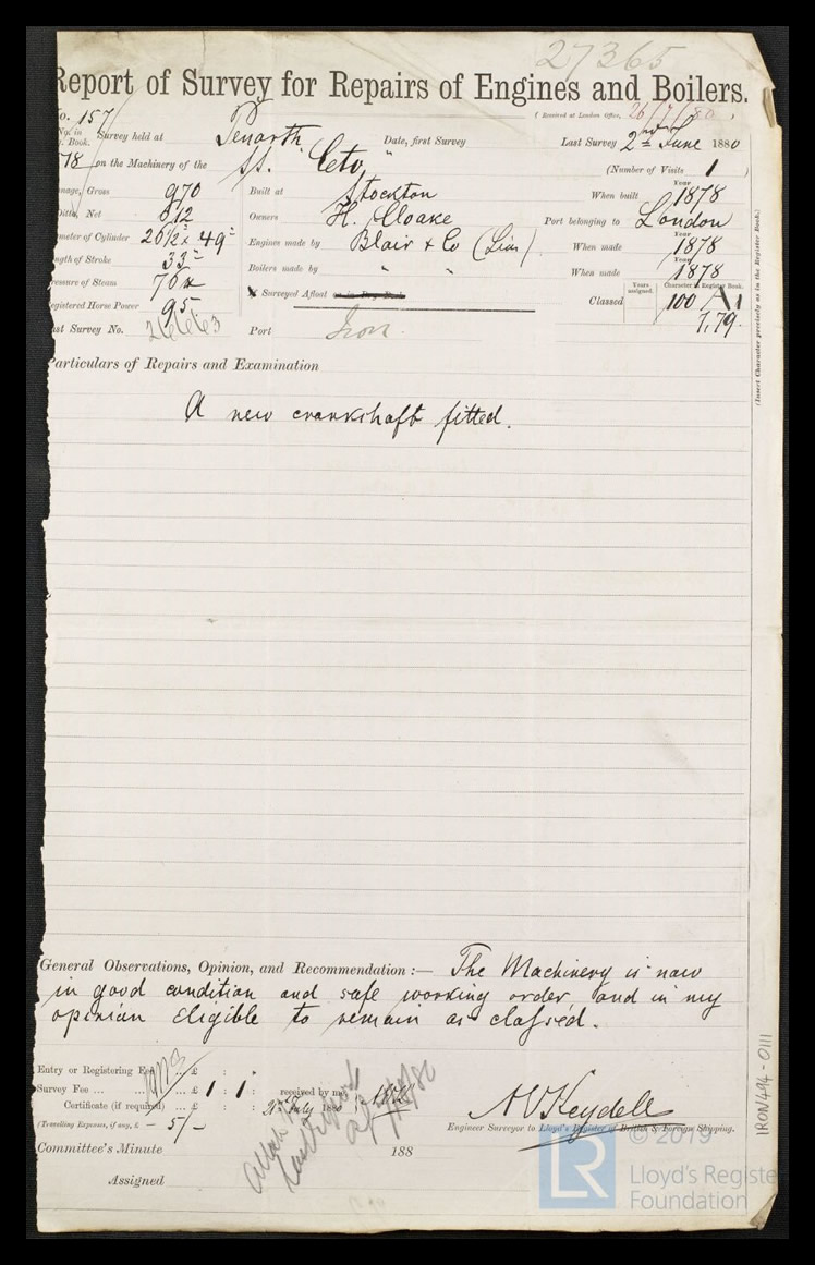 s.s. 'Ceto' - Report of Survey for Repairs of Engines & Boilers for Ceto - 2nd June 1880. 