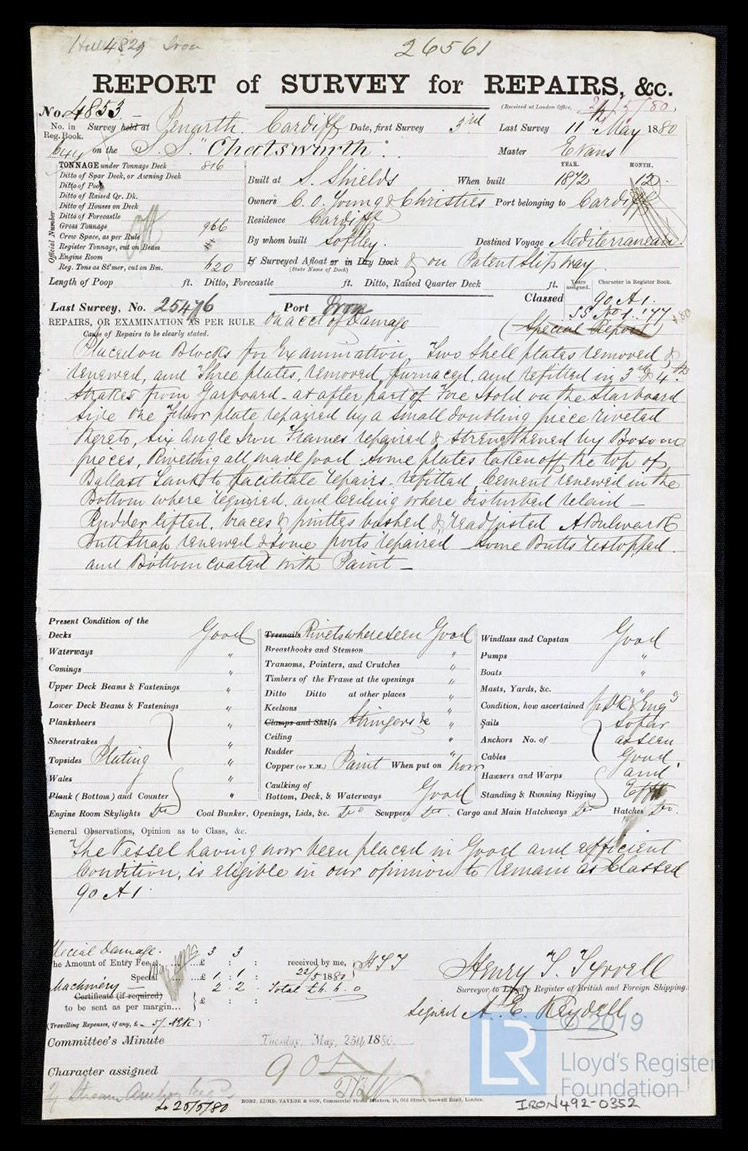 s.s. 'Chatsworth' - Report of Survey for Repairs, &c. for Chatsworth - 11th May 1880. 