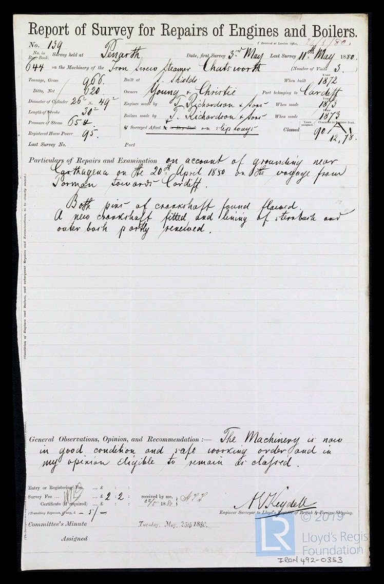 s.s. 'Chatsworth' - Report of Survey for Repairs of Engines & Boilers for Chatsworth - 11th May 1880. 
