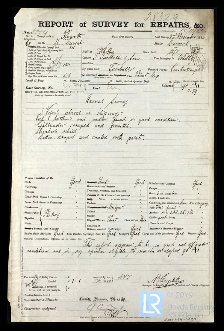 s.s. 'Darent' - Report of Survey for Repairs &c. for Darent - 2nd November 1880. 