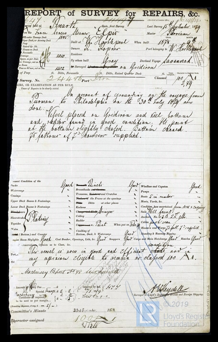 s.s. 'Elpis' - Report of Survey for Repairs, &c. for Elpis -15th September 1879.