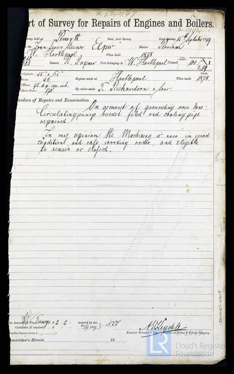 s.s. 'Elpis' - Report of Survey for Repairs of Engines & Boilers for Elpis - 15th September 1879.