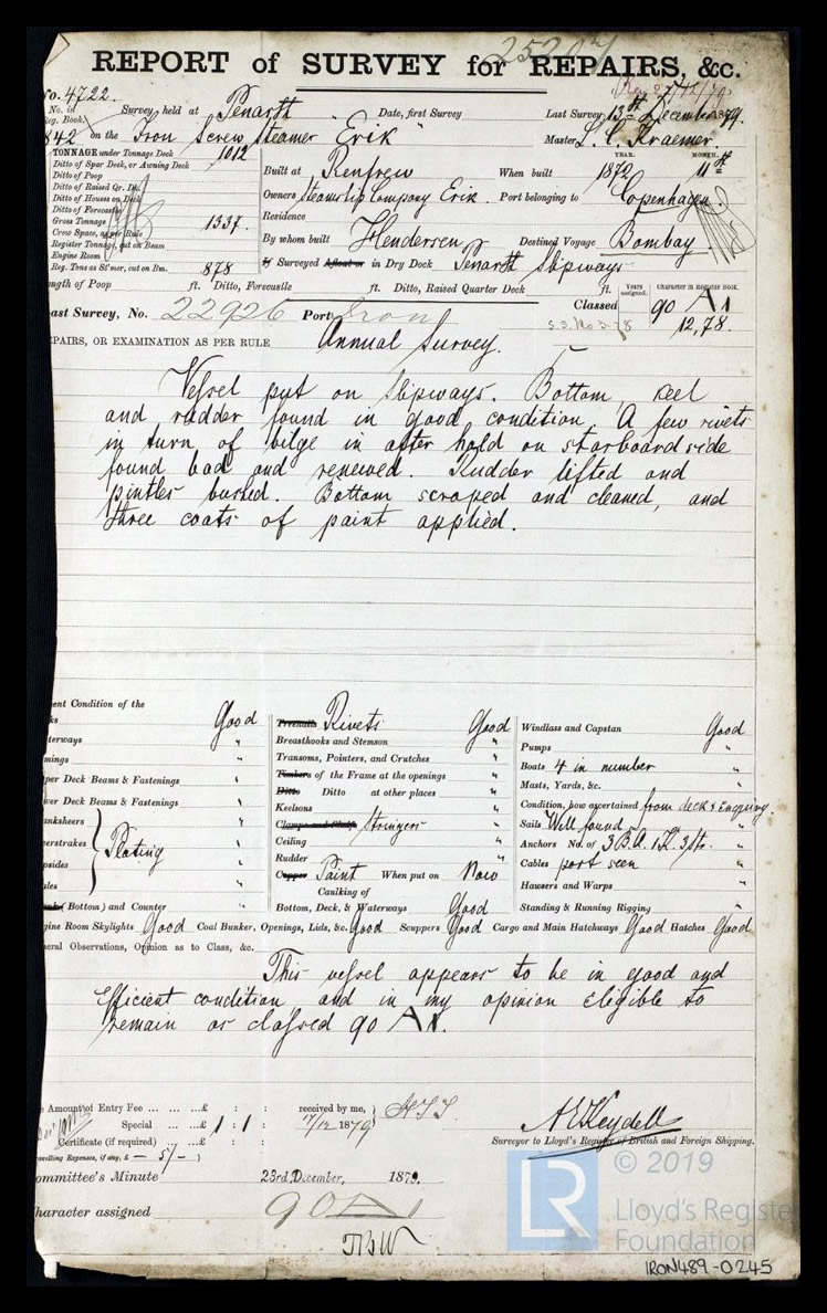 s.s. 'Erik' - Report of Survey for Repairs, &c for Erik - 13th December 1879.